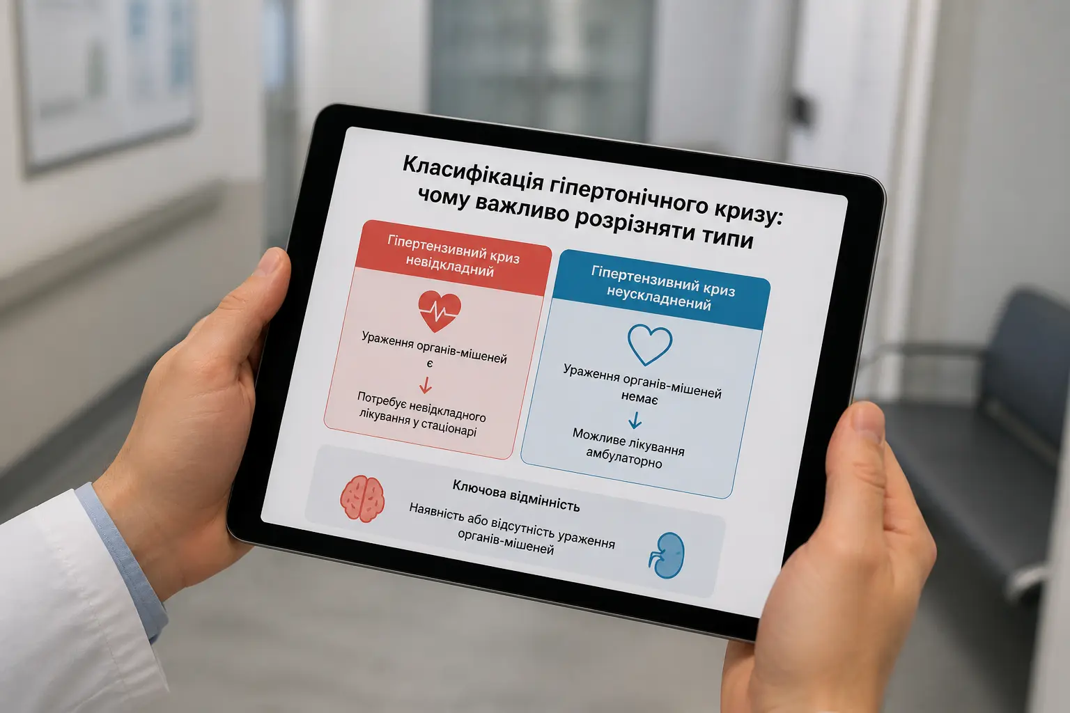 Лікар аналізує класифікацію гіпертонічного кризу на планшеті