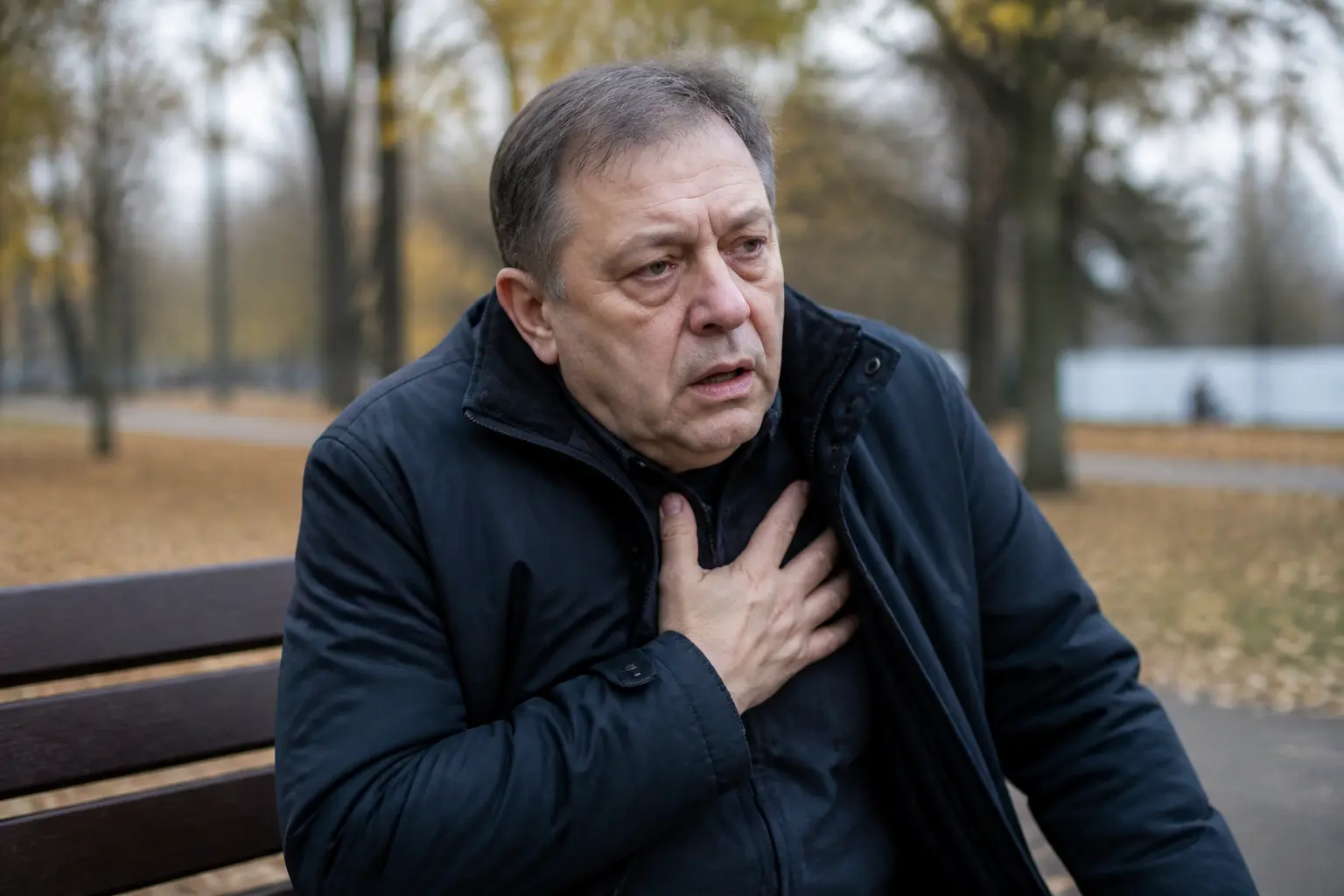 Чоловік з ознаками втоми та задишки на вулиці