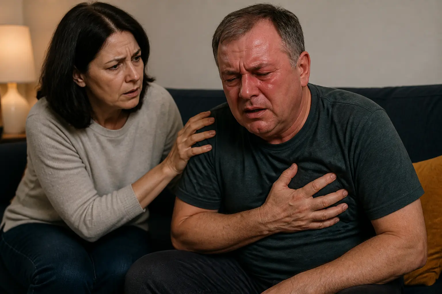 Чоловік з симптомами гіпертонічного кризу, якому допомагає дружина
