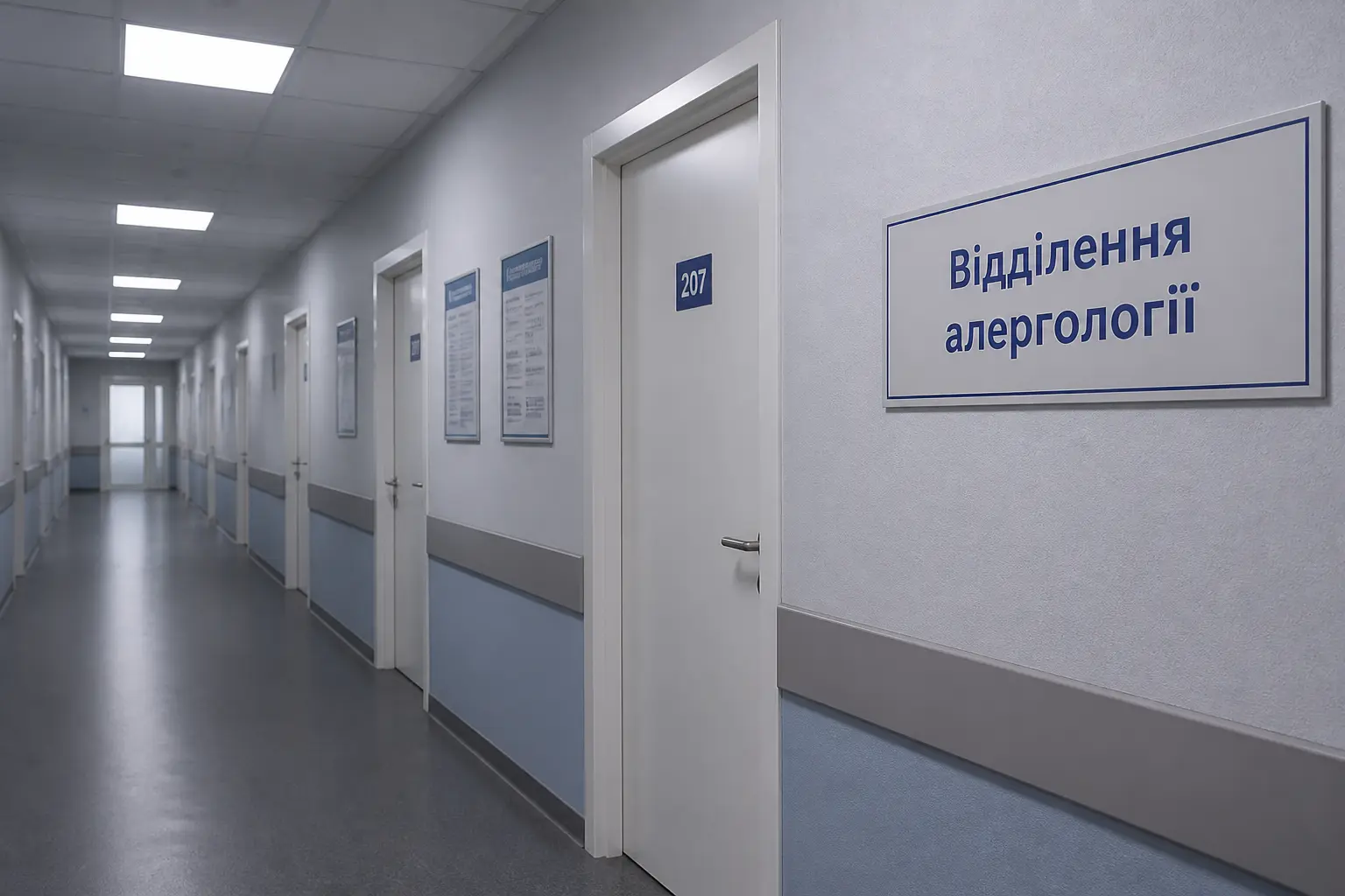 Коридор лікарняного відділення алергології, чистий і світлий
