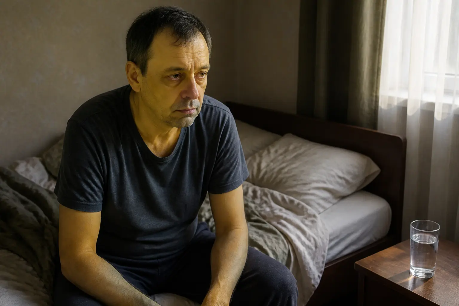 Чоловік із ознаками втоми та жовтушності шкіри вдома, що відображає симптоми цирозу