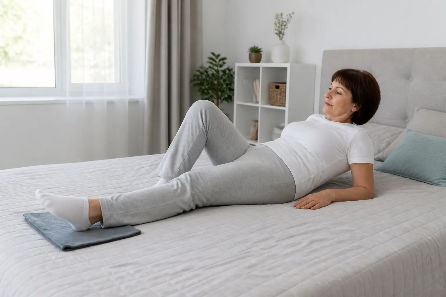 Жінка виконує вправу ковзання стопою, лежачи в ліжку