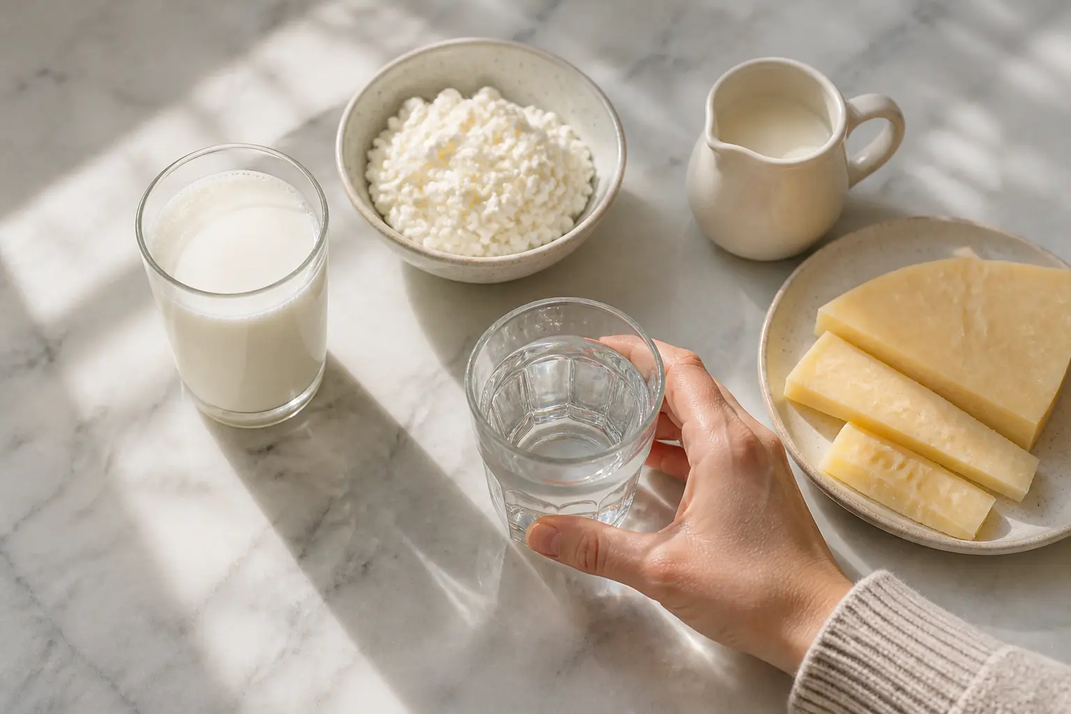 Молочні продукти на столі, вибір на користь води