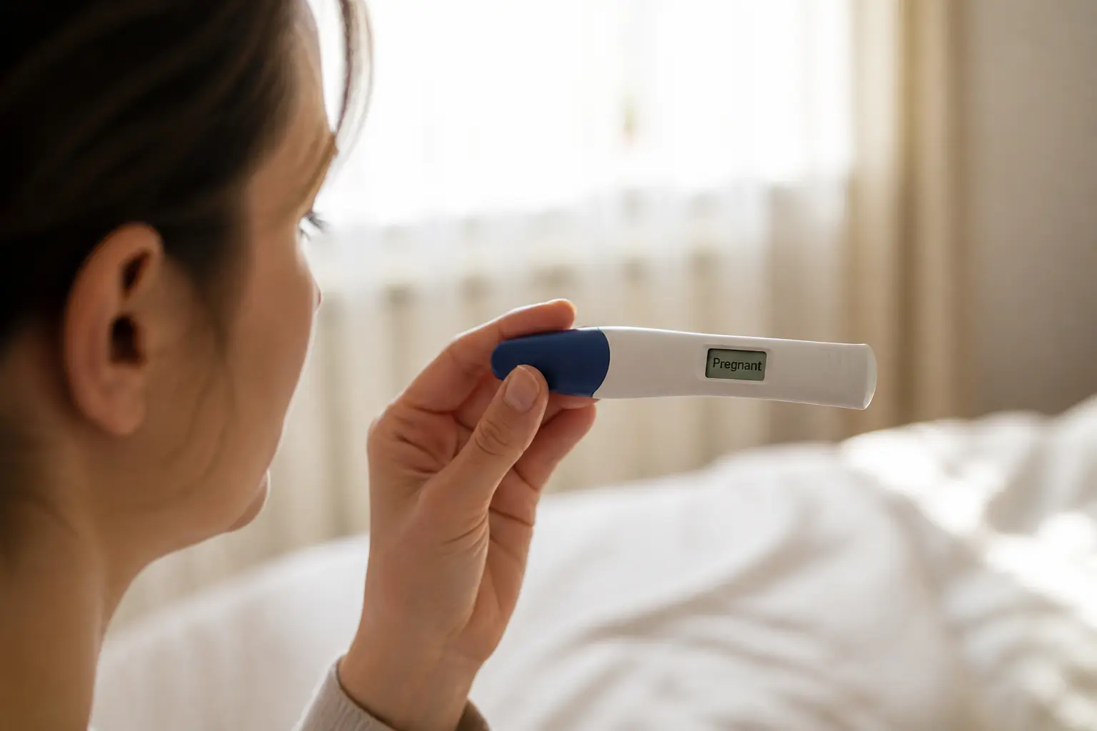 Цифровий тест на вагітність з написом 'Pregnant' у жіночій руці на тлі спальні