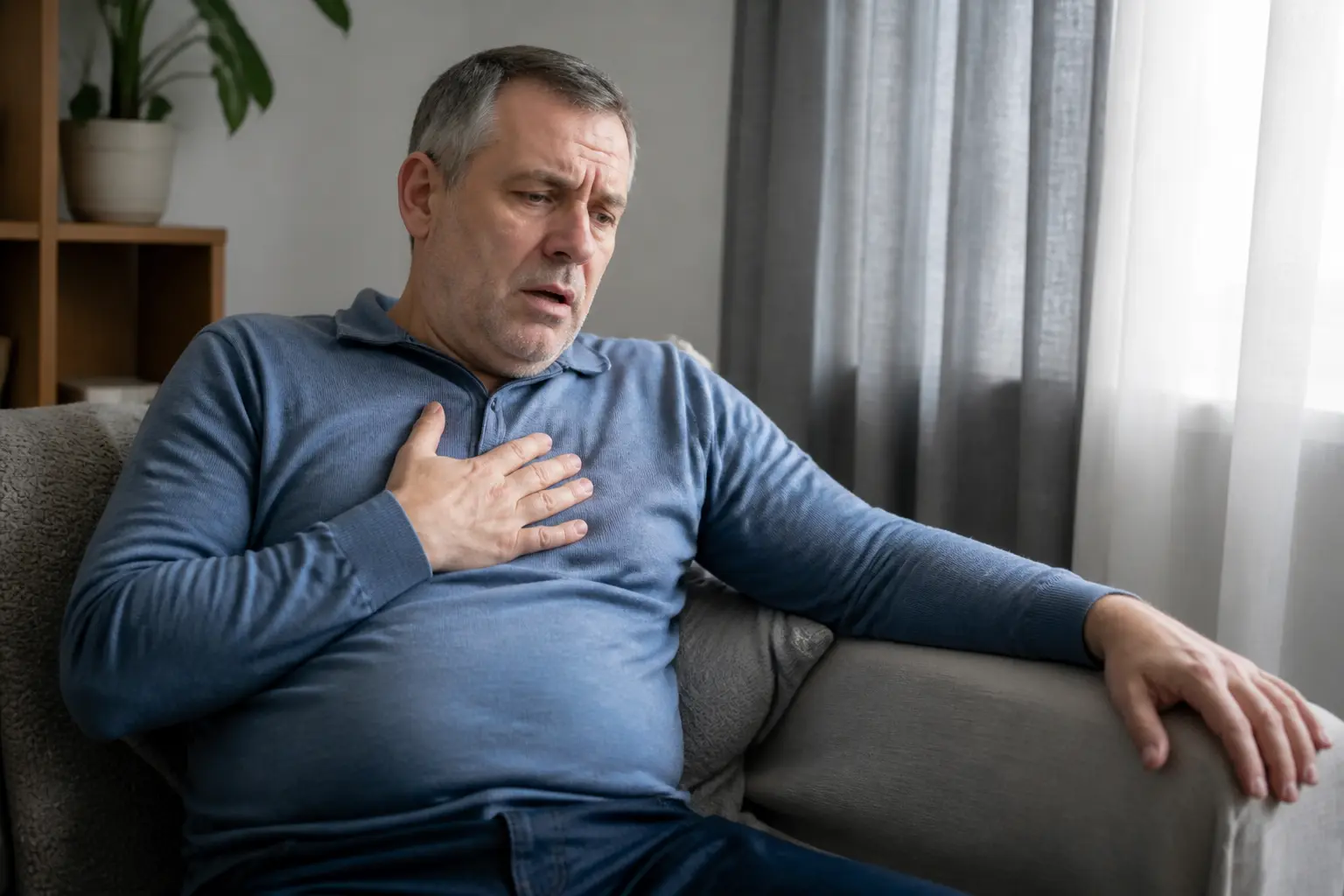 Чоловік середнього віку відчуває дискомфорт у грудях вдома
