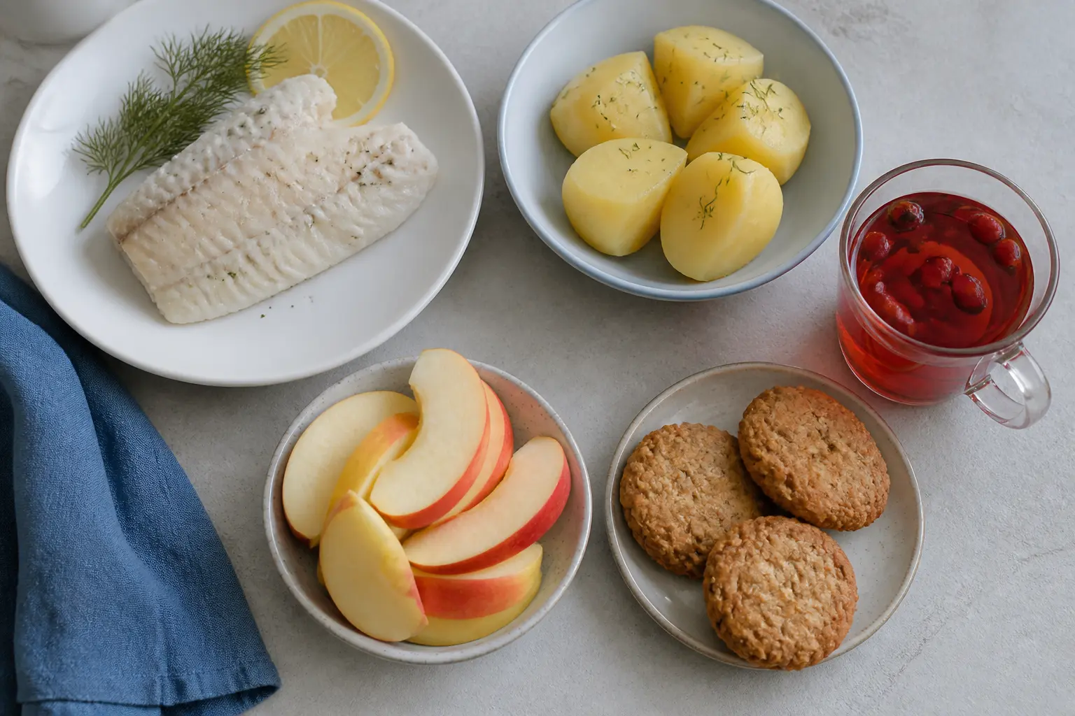 Дозволені продукти при цирозі: риба, картопля, яблука, вівсяне печиво, відвар шипшини