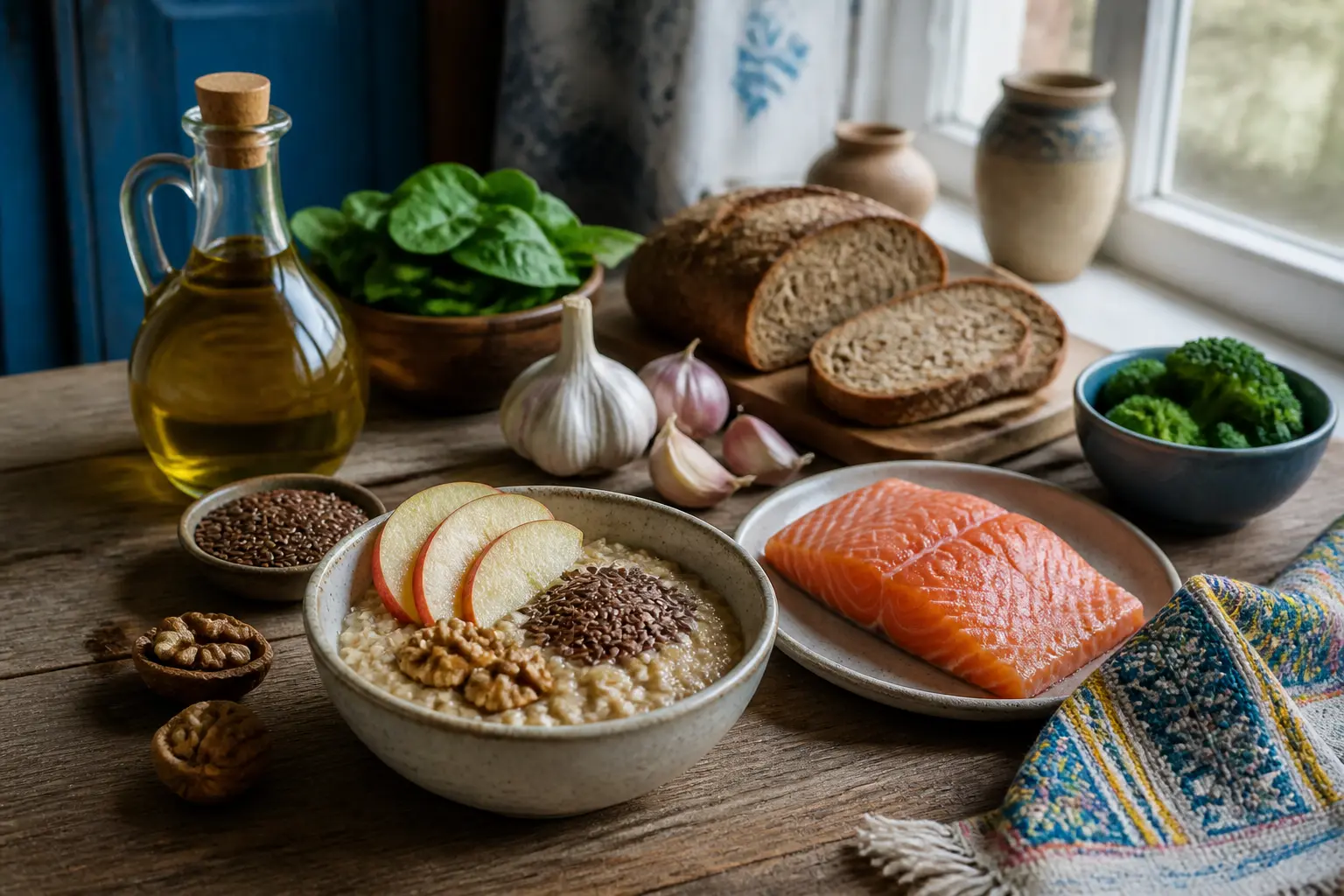 Продукти для зниження холестерину: вівсянка, риба, горіхи, оливкова олія