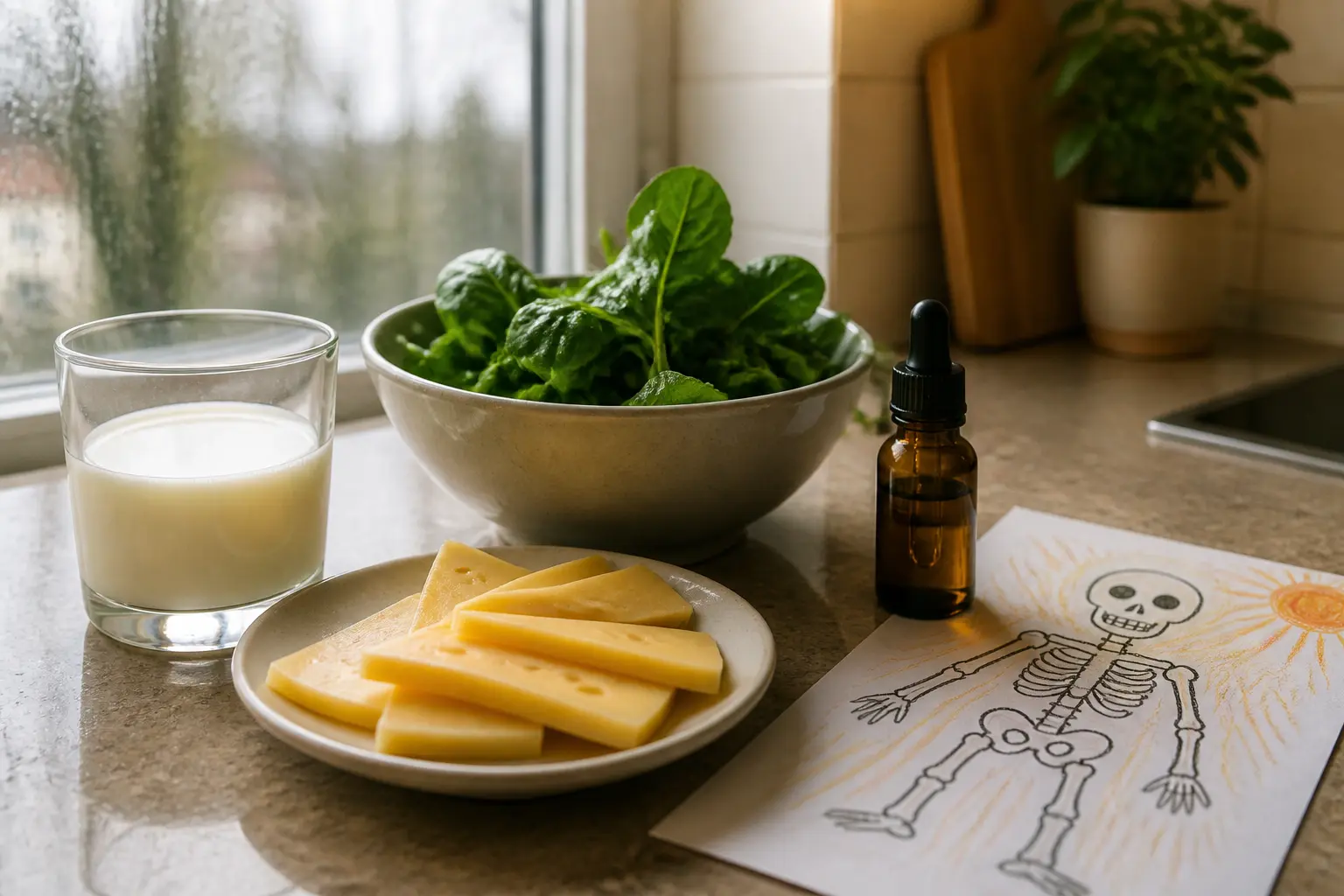 Продукти, багаті на кальцій і вітамін D, на кухонному столі