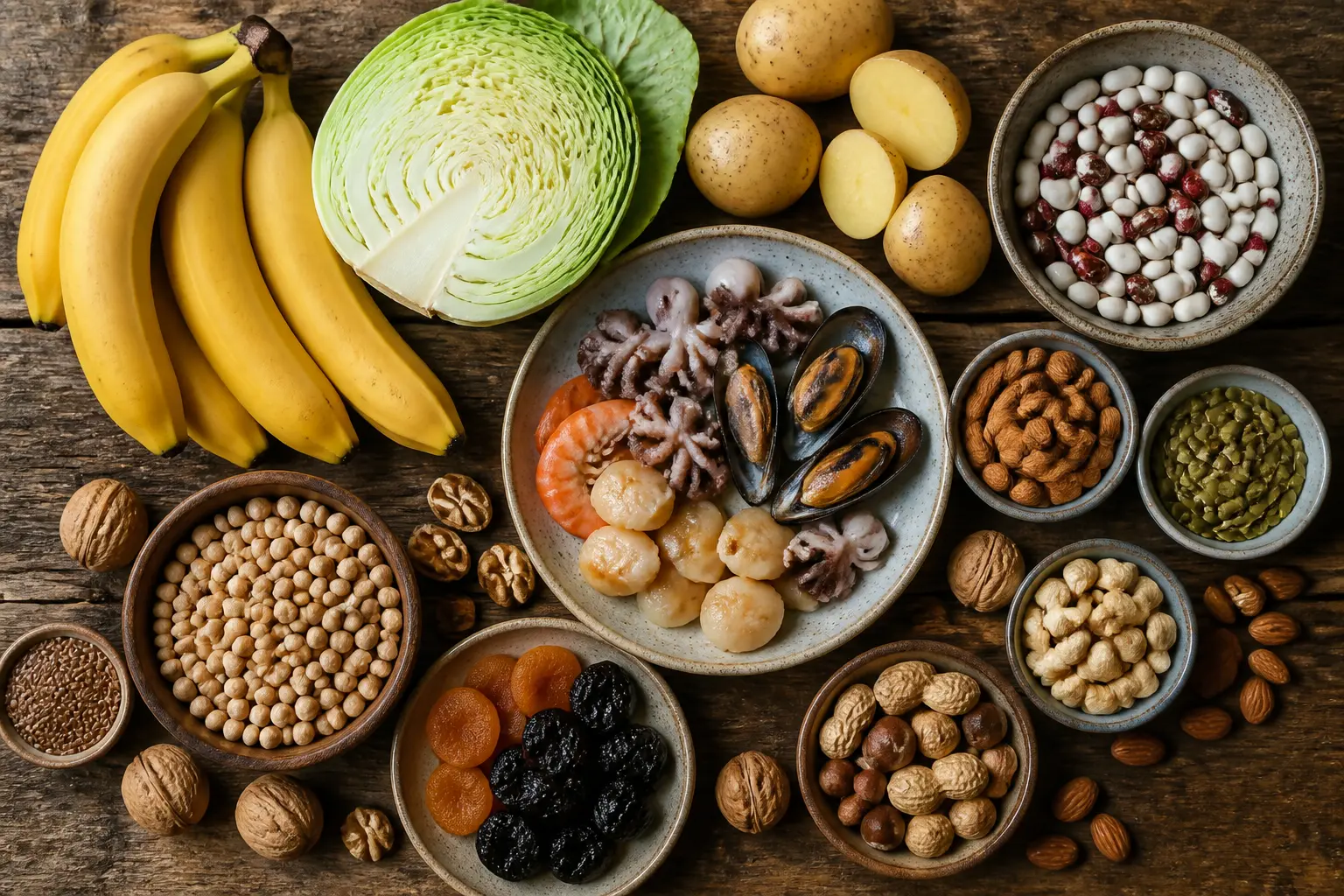 Продукти, багаті на калій і магній: банани, капуста, картопля, боби, горіхи та морепродукти