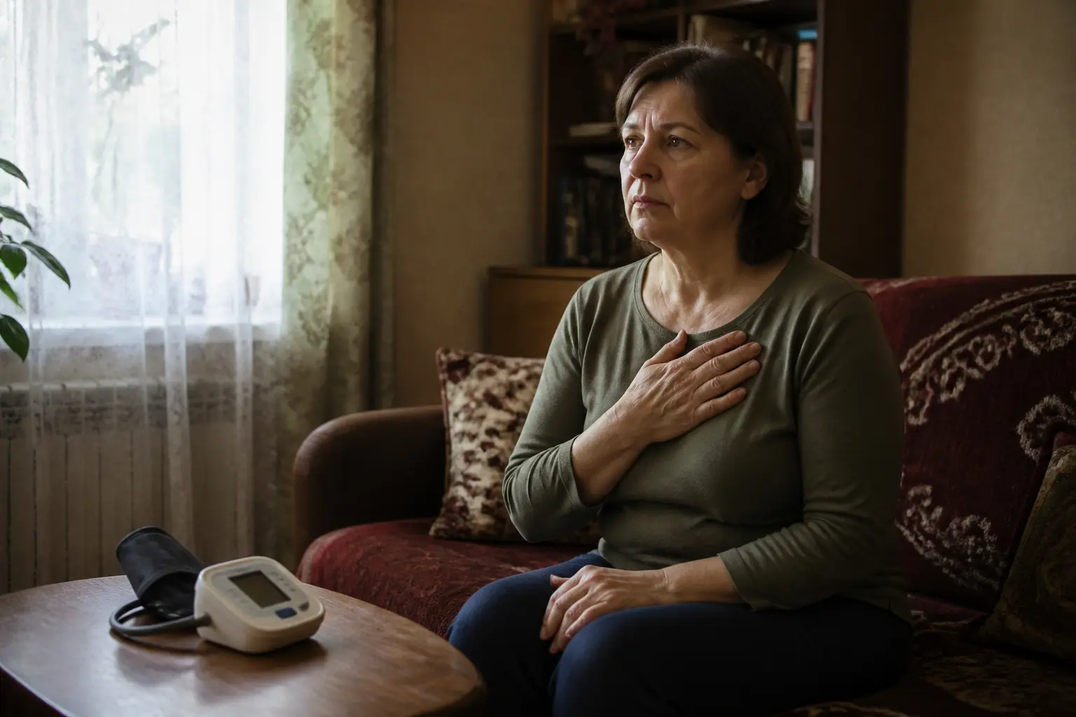 Жінка тримає руку на грудях, відчуваючи нерегулярне серцебиття вдома