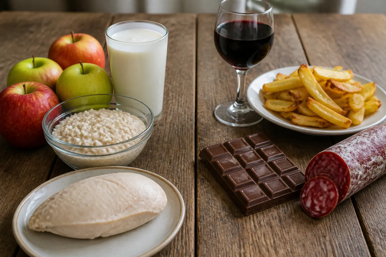 Порівняння дозволених і заборонених продуктів при псоріазі на дерев'яному столі