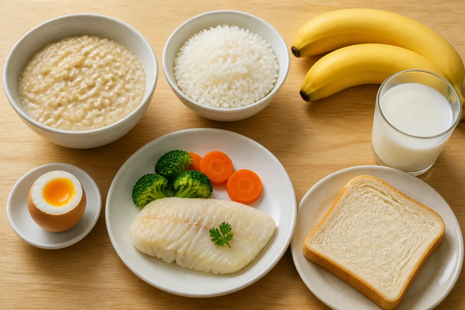 Набір дозволених при гастриті продуктів: каші, банани, риба, яйце, молоко