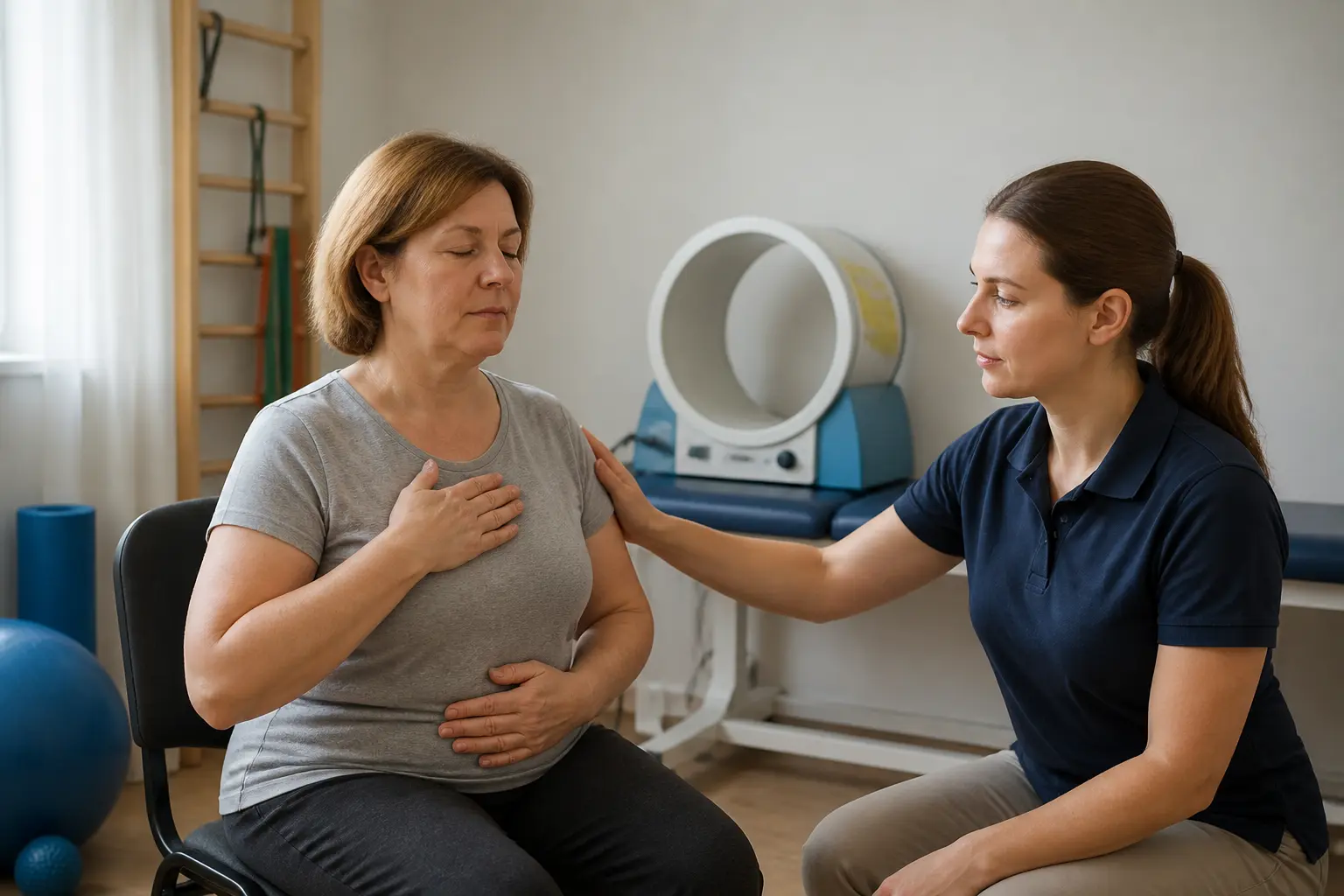 Пацієнтка виконує дихальну гімнастику під наглядом фізіотерапевта