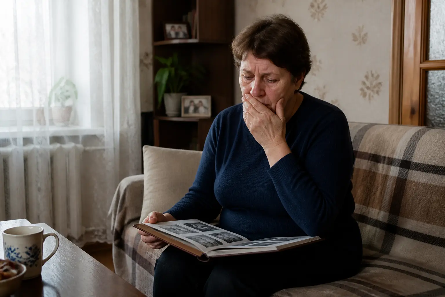 Людина середнього віку з альбомом, символічне зображення роздумів про втрачені навички