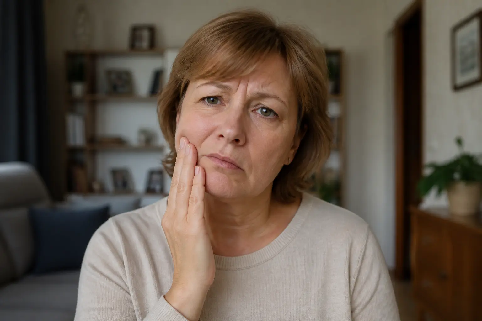 Жінка вдома торкається обличчя, помічаючи асиметрію
