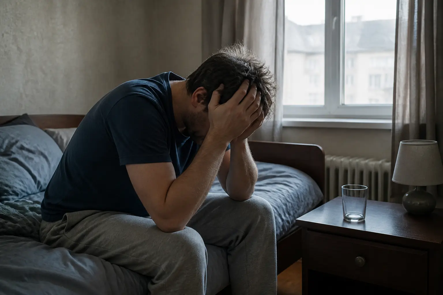 Чоловік після запою тримається за голову, відчуваючи слабкість