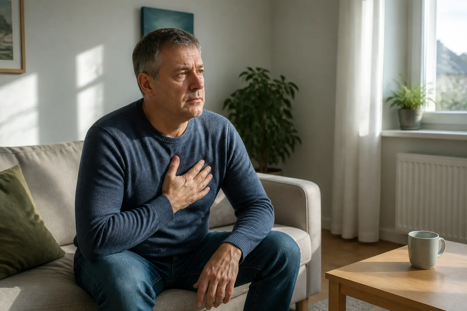 Чоловік після інфаркту задумливо торкається грудей у світлій кімнаті