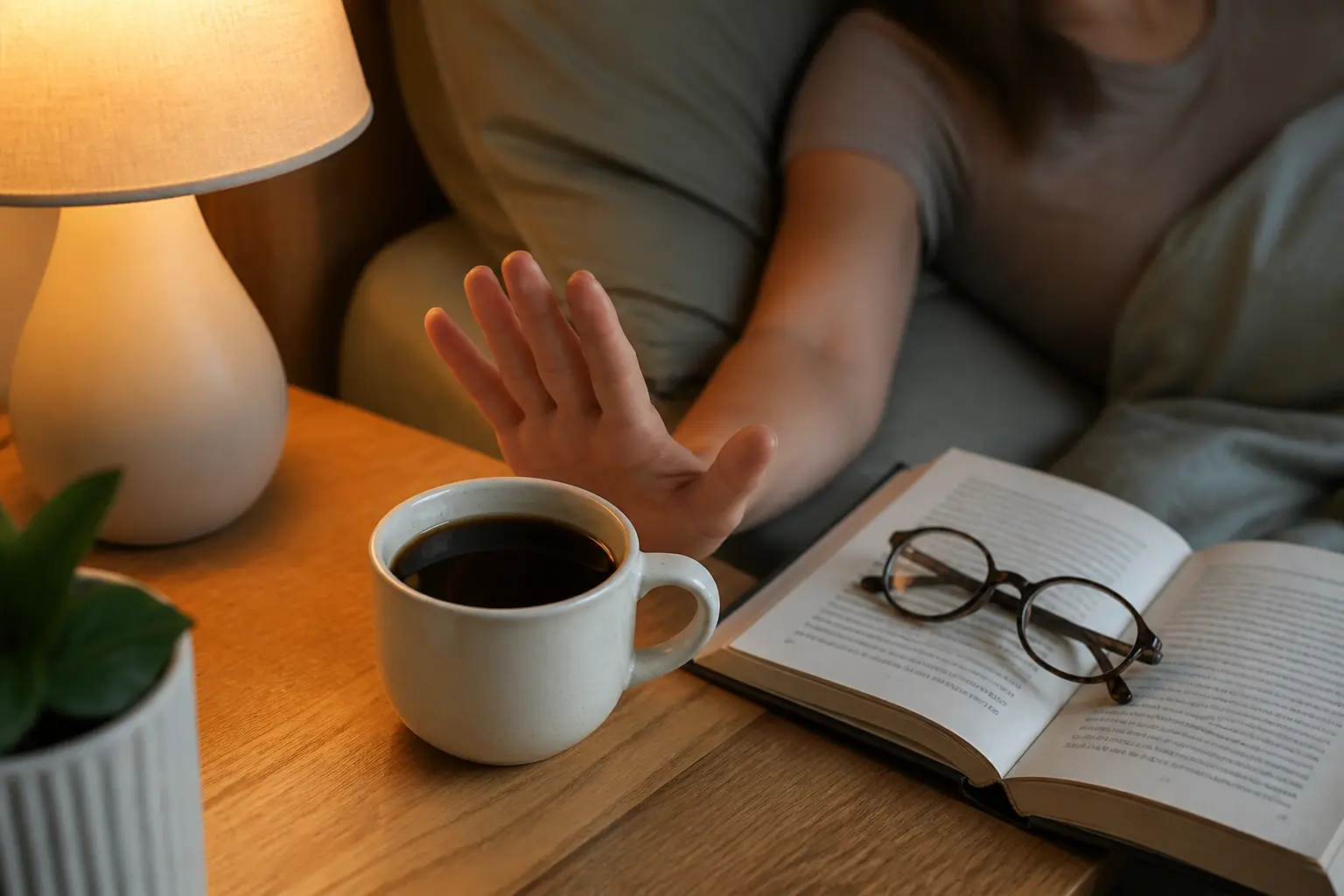 Рука відсуває чашку кави на тлі книги та окулярів увечері