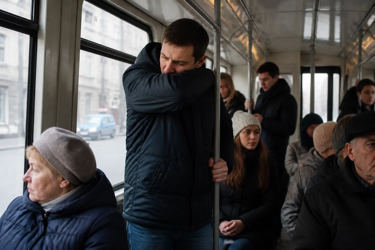 Люди в громадському транспорті, один пасажир кашляє, прикриваючи рот ліктем