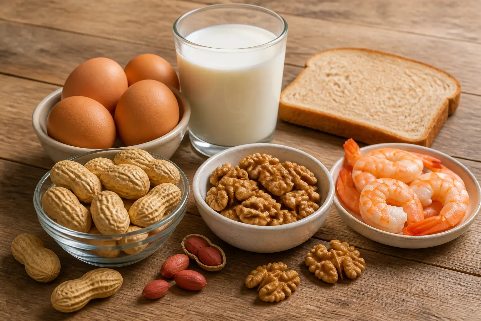 Продукти-алергени: молоко, яйця, горіхи, креветки та хліб на столі